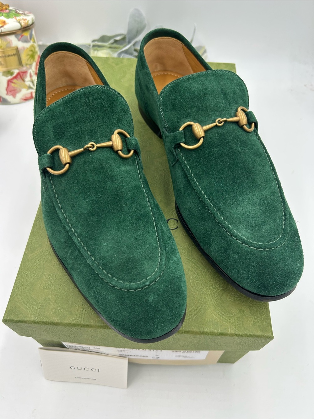 Men's Gucci green suede horse bit JORDAAN loafers size 9 fits 10 US made italy